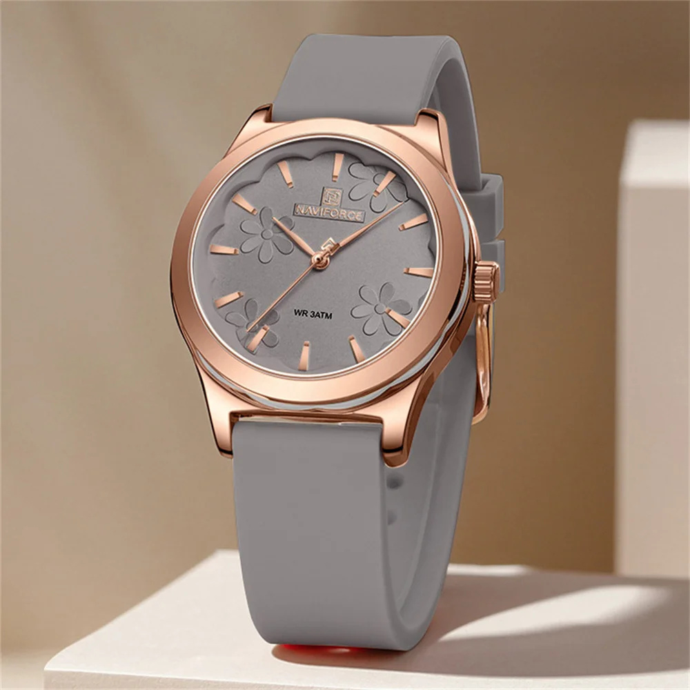 Relógio de pulso quartz feminino pulseira de silicone com estojo em ouro rosa