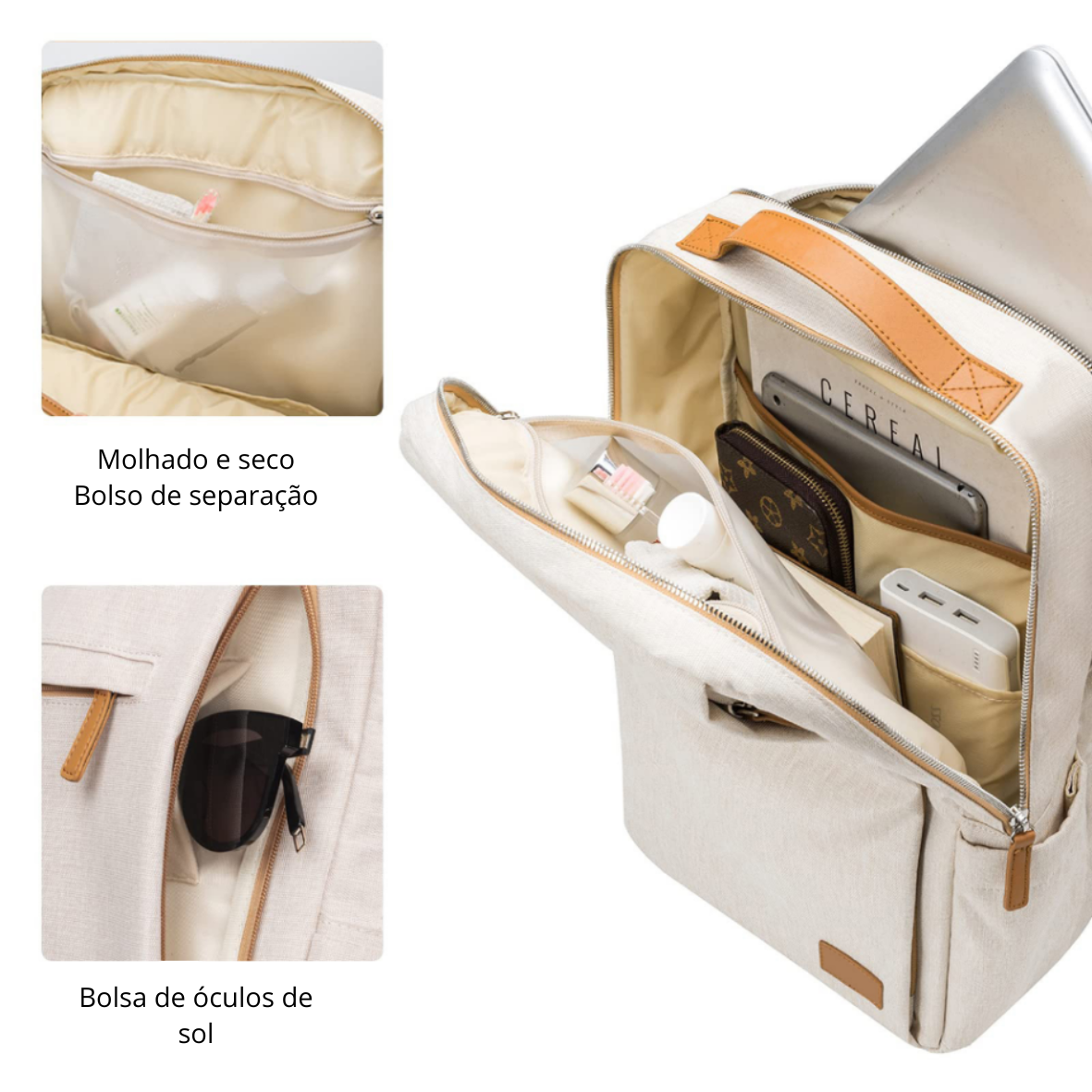 Mochila feminina multifuncional de poliéster com entrada USB e USB-C