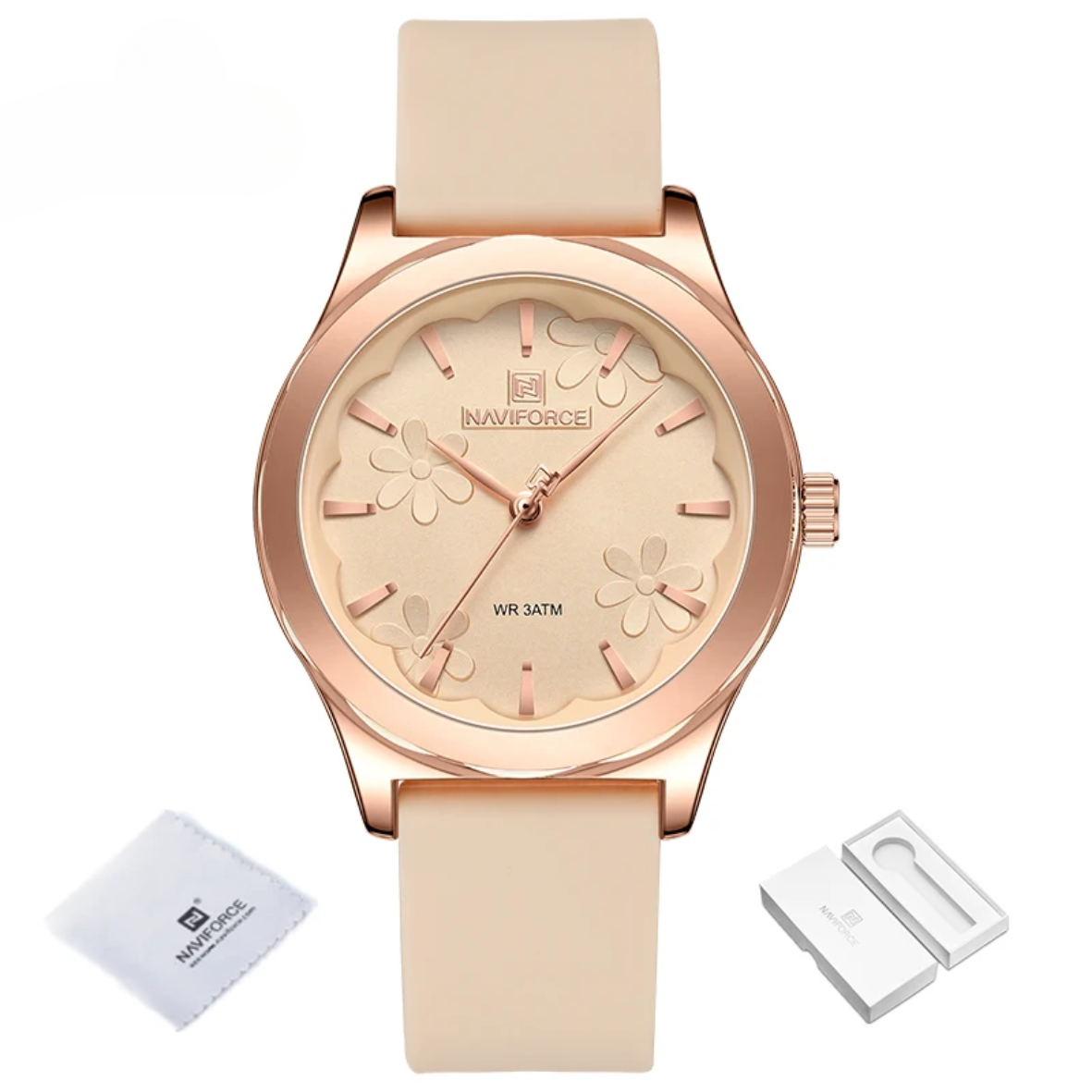 Relógio de pulso quartz feminino pulseira de silicone com estojo em ouro rosa