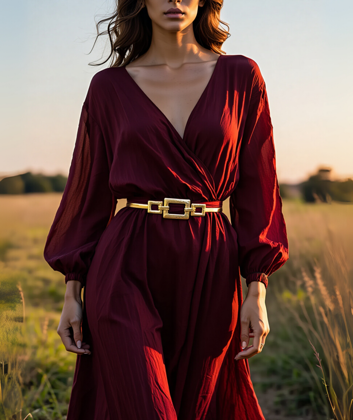 Cinto feminino dourado com fivela decorada em metal