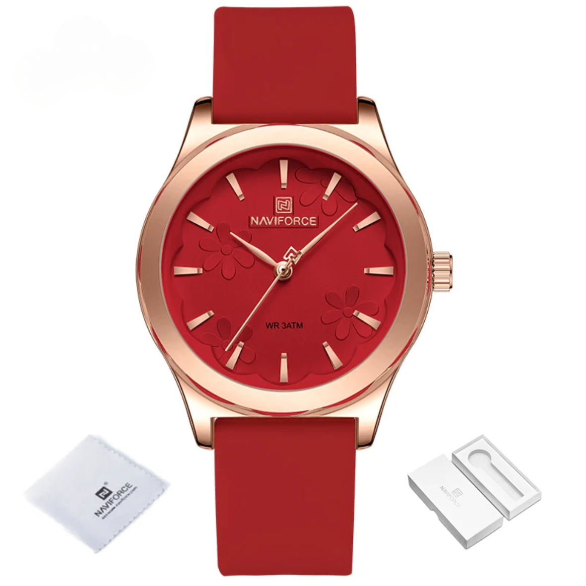Relógio de pulso quartz feminino pulseira de silicone com estojo em ouro rosa