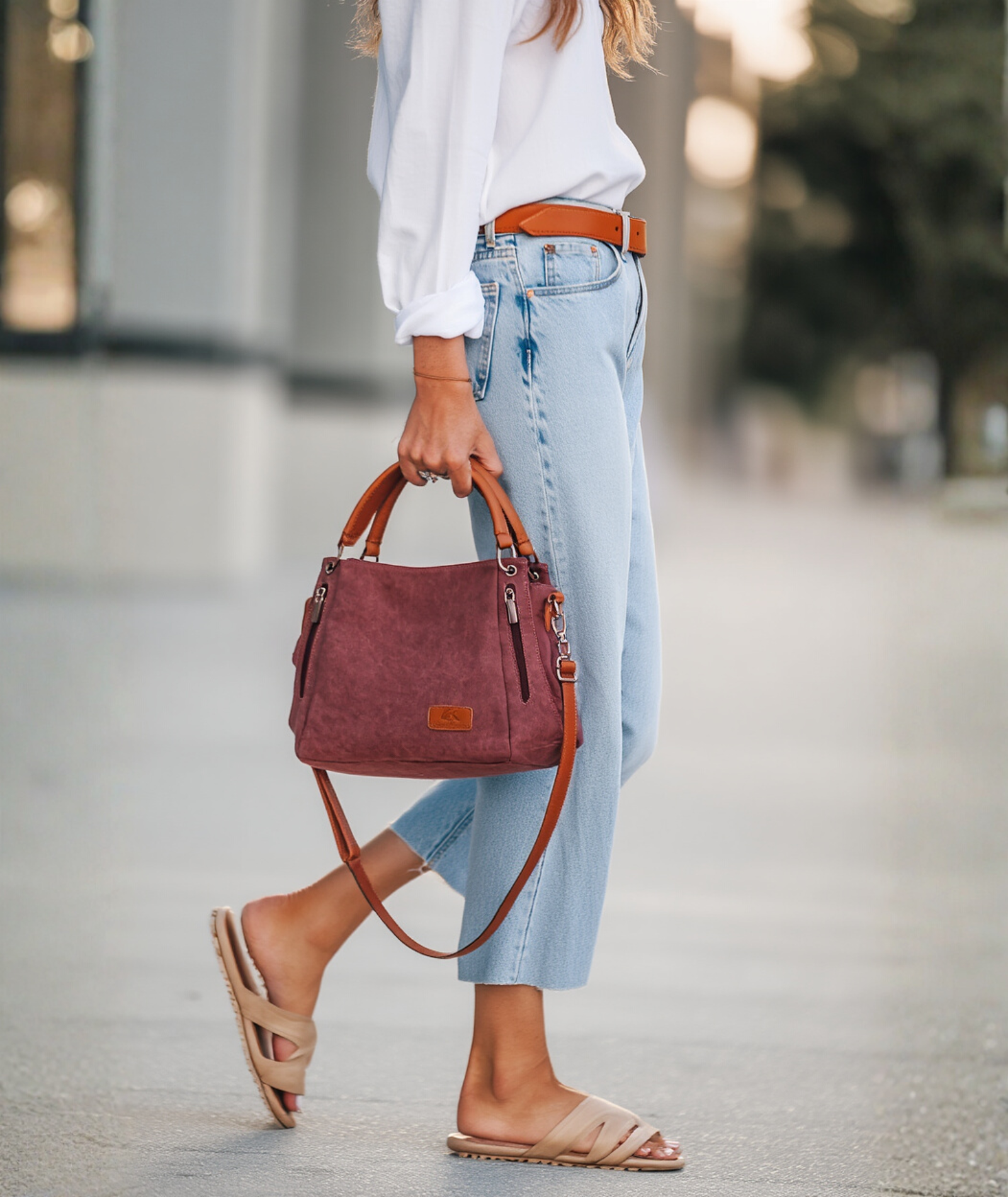 Bolsa feminina de lona com detalhes em couro - Karine