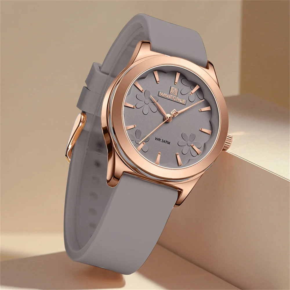 Relógio de pulso quartz feminino pulseira de silicone com estojo em ouro rosa