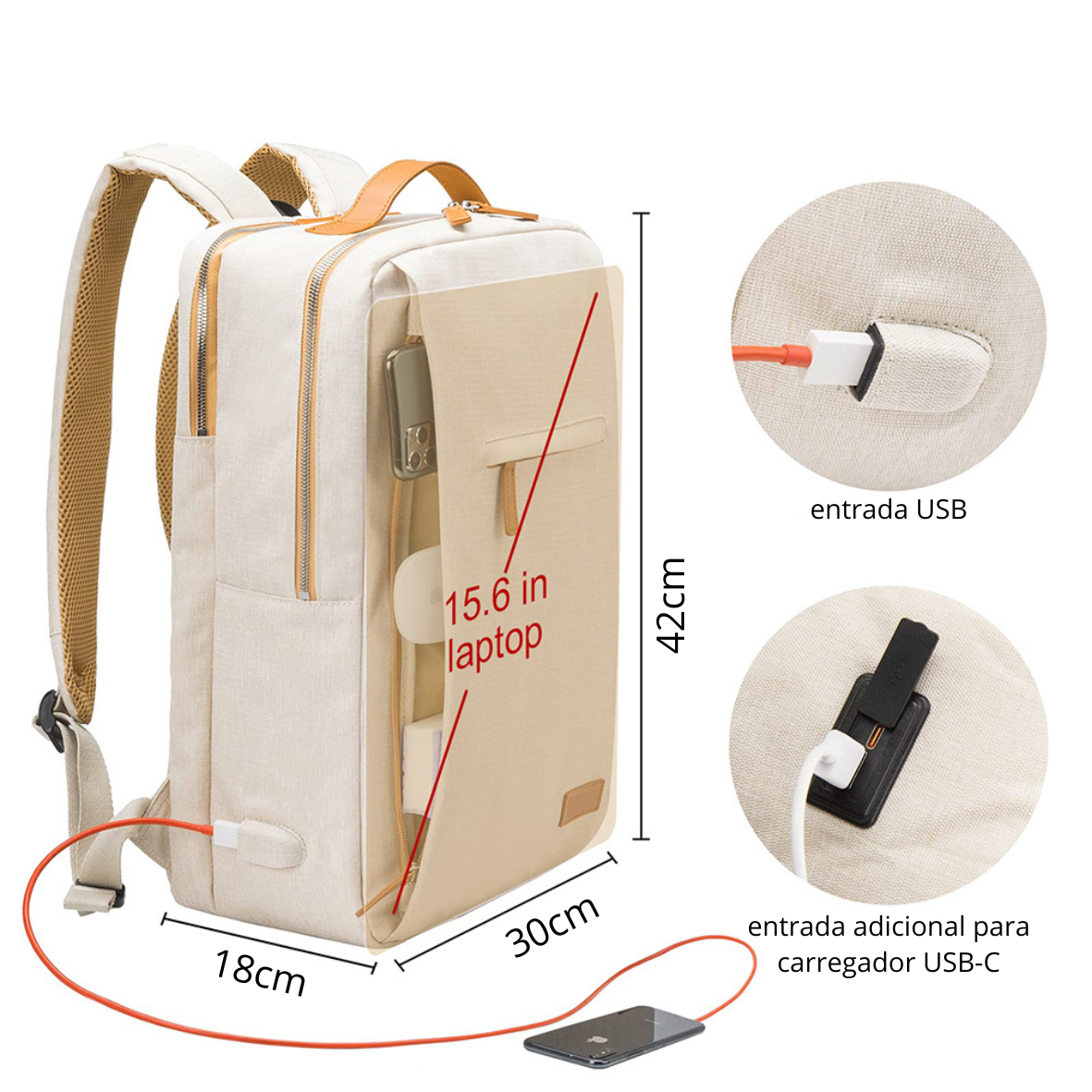 Mochila feminina multifuncional de poliéster com entrada USB e USB-C