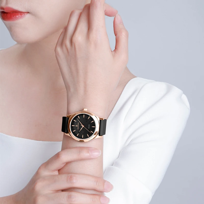 Relógio de pulso quartz feminino pulseira de silicone com estojo em ouro rosa