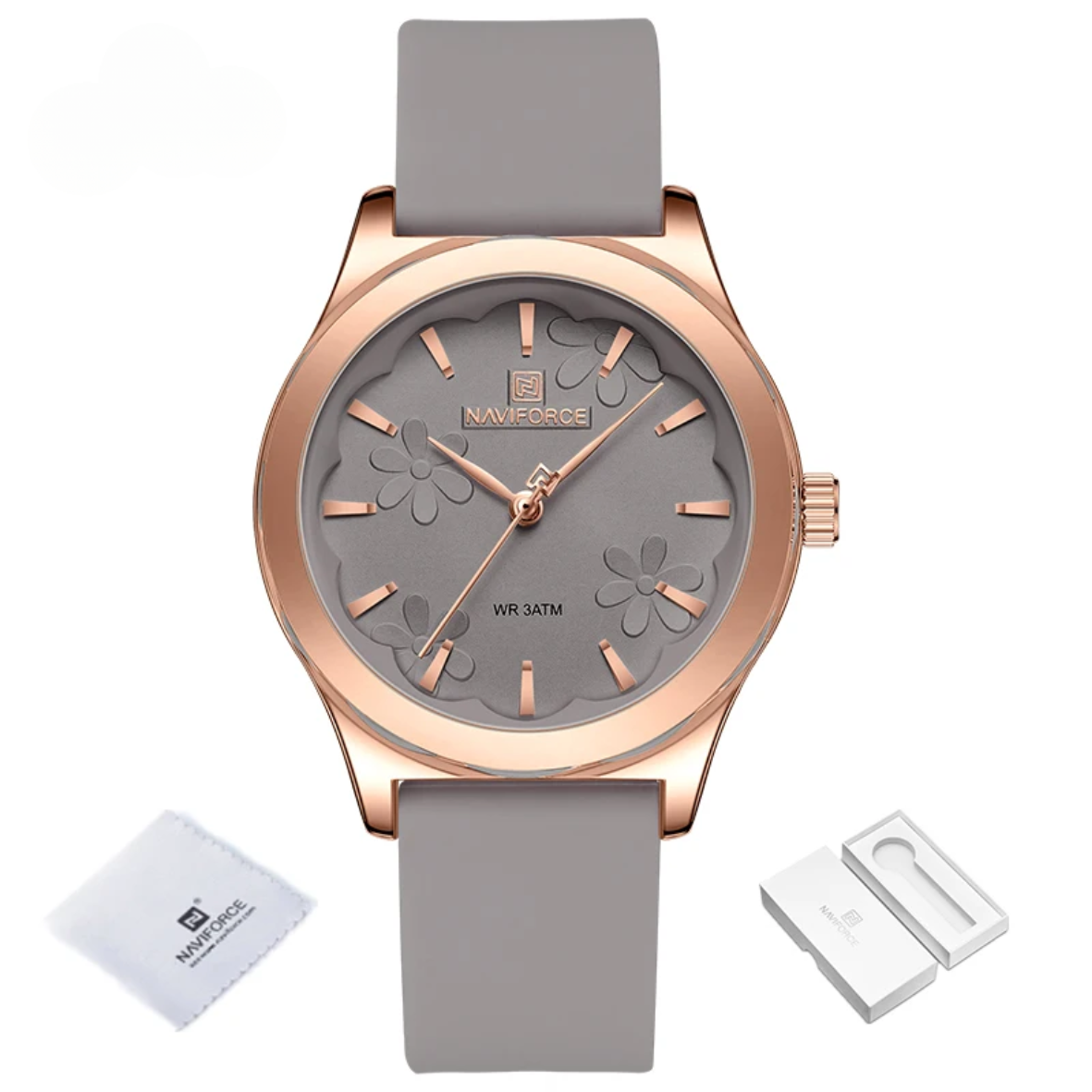 Relógio de pulso quartz feminino pulseira de silicone com estojo em ouro rosa