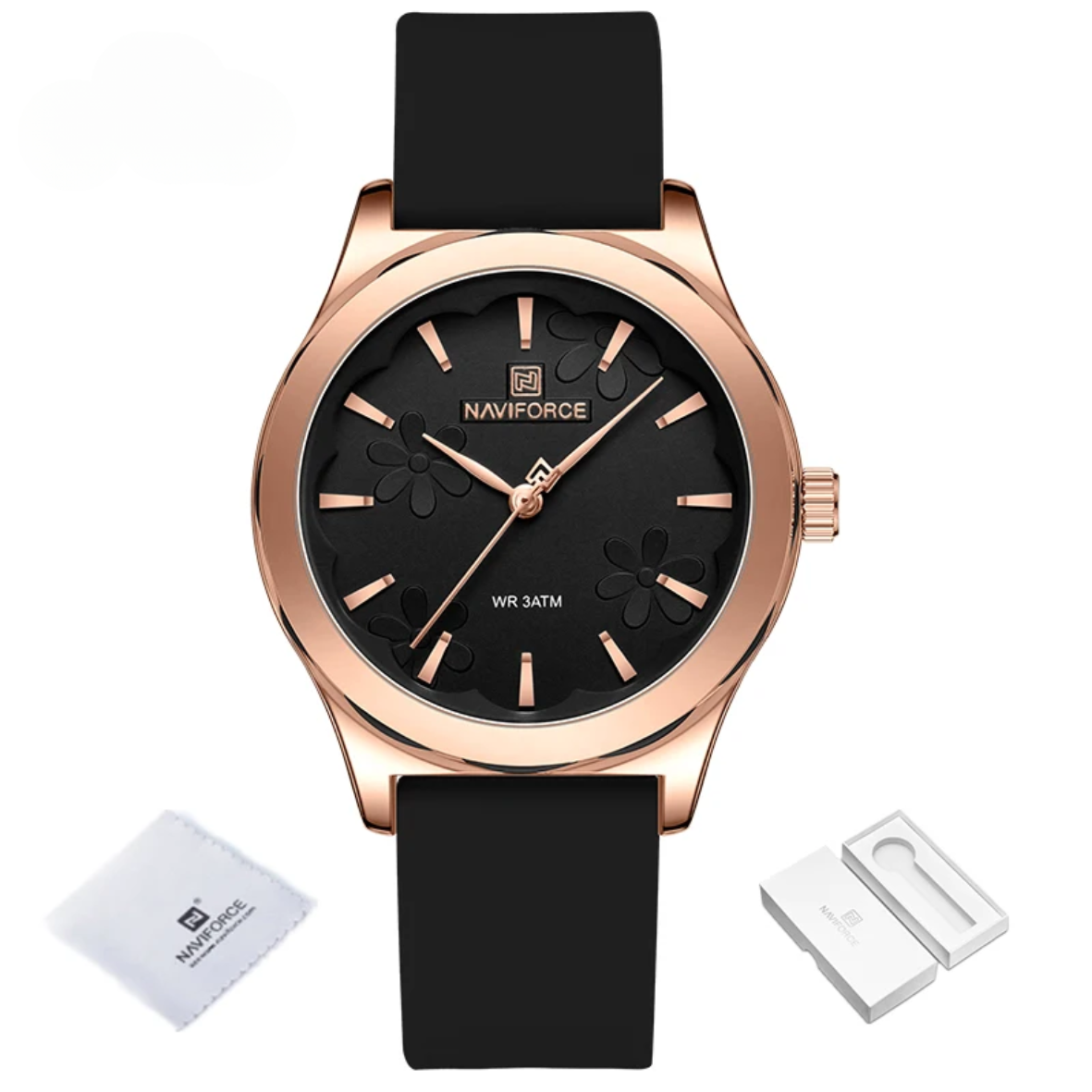 Relógio de pulso quartz feminino pulseira de silicone com estojo em ouro rosa