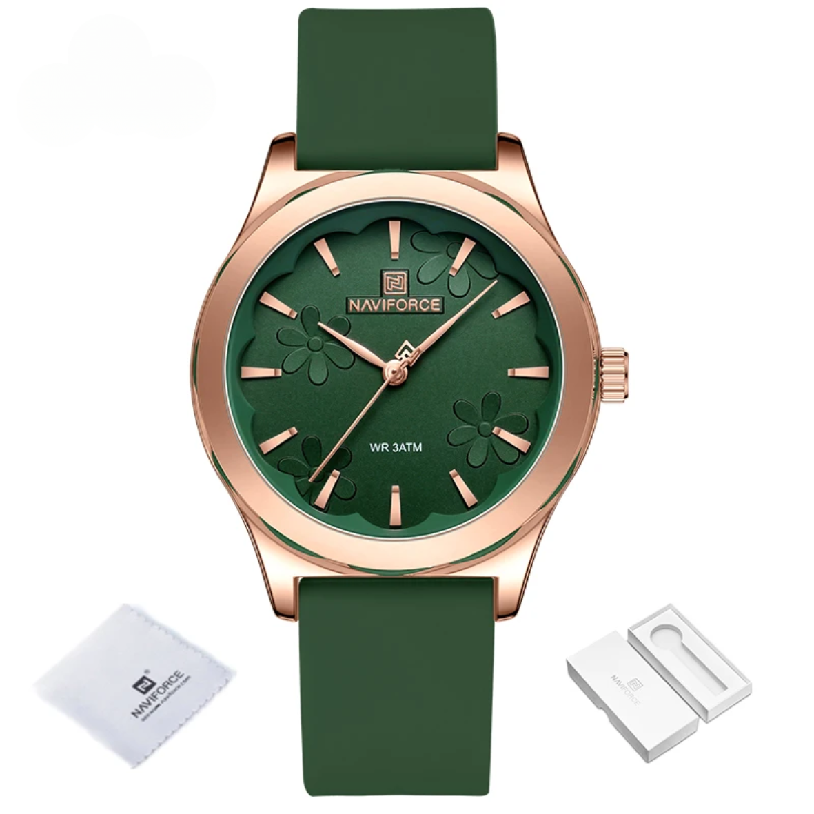 Relógio de pulso quartz feminino pulseira de silicone com estojo em ouro rosa