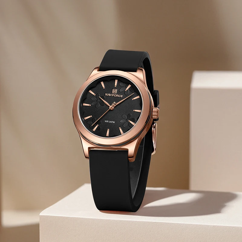 Relógio de pulso quartz feminino pulseira de silicone com estojo em ouro rosa