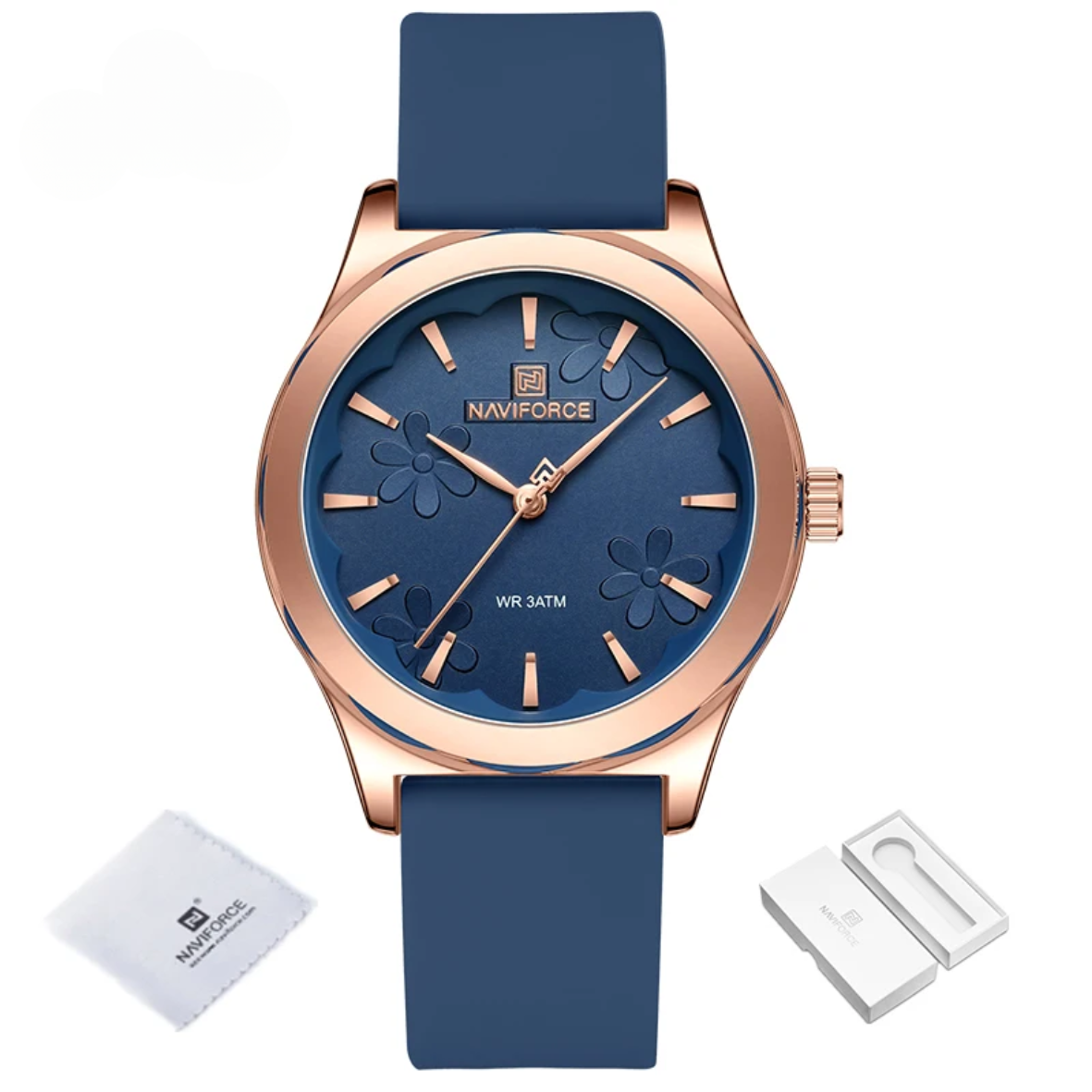 Relógio de pulso quartz feminino pulseira de silicone com estojo em ouro rosa