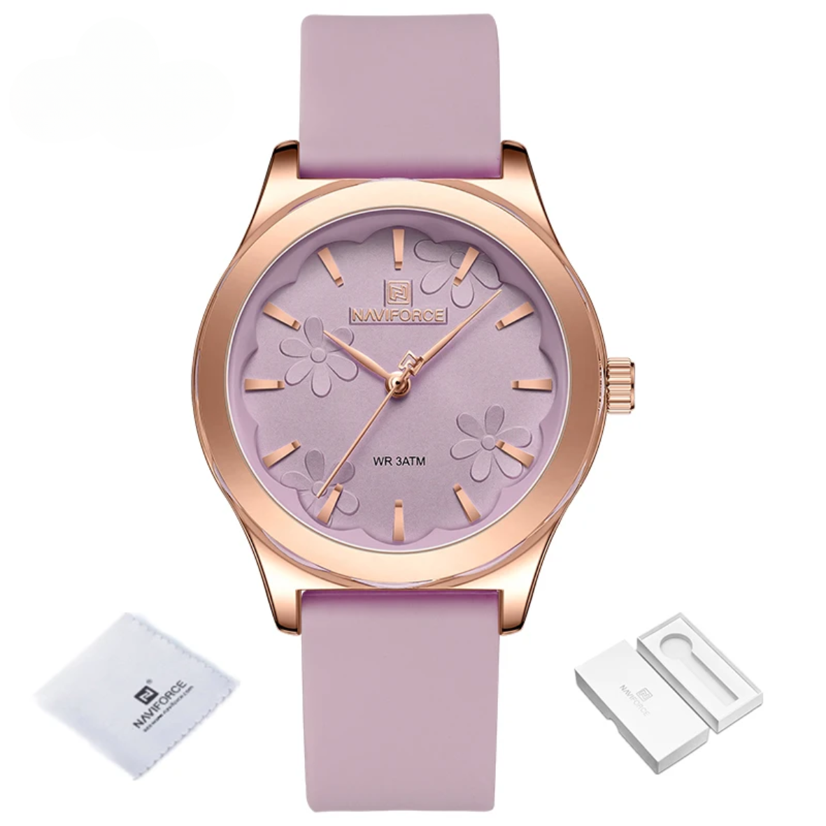 Relógio de pulso quartz feminino pulseira de silicone com estojo em ouro rosa