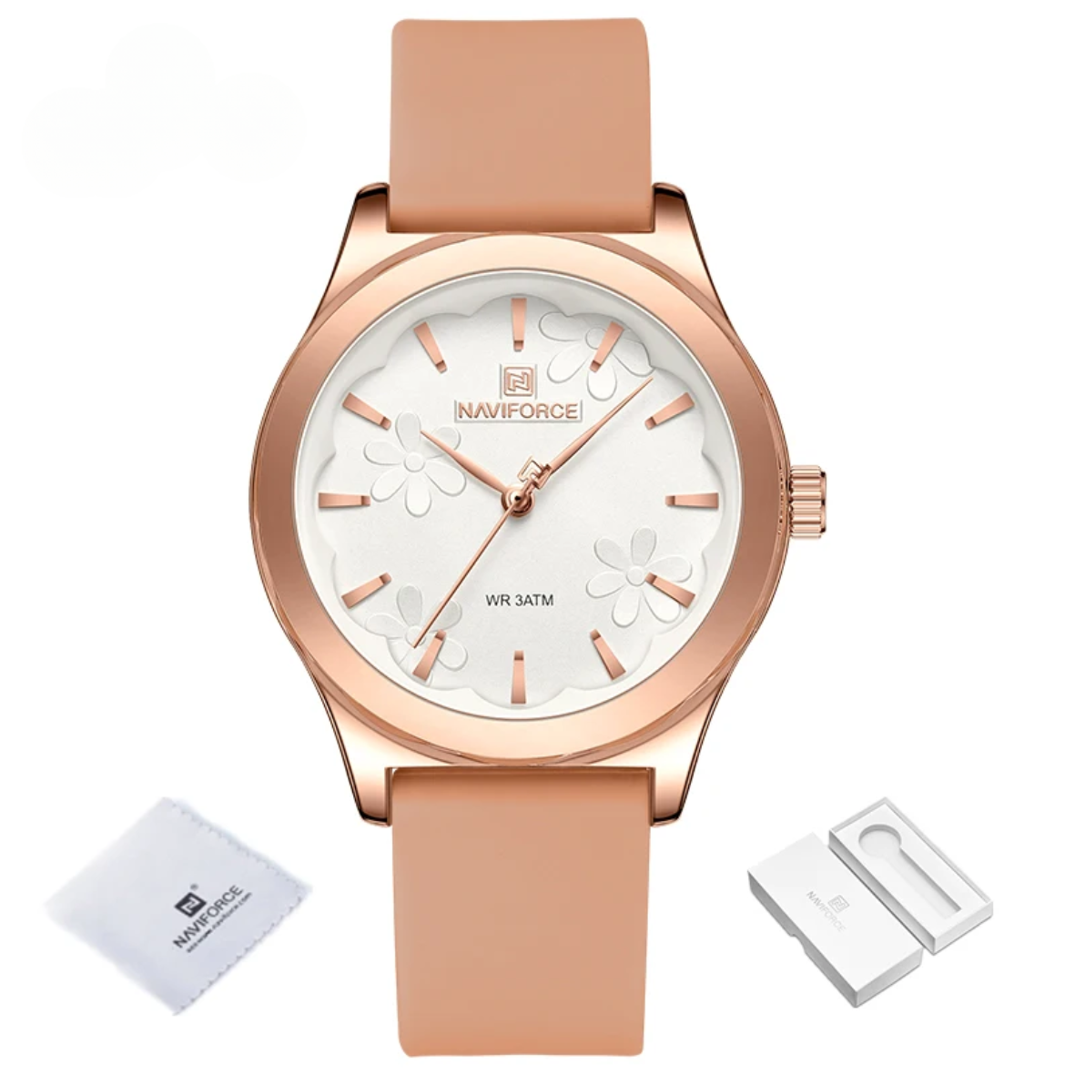 Relógio de pulso quartz feminino pulseira de silicone com estojo em ouro rosa