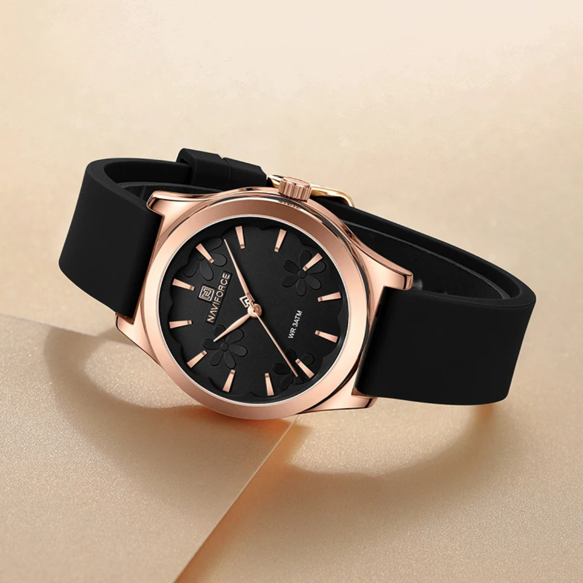 Relógio de pulso quartz feminino pulseira de silicone com estojo em ouro rosa