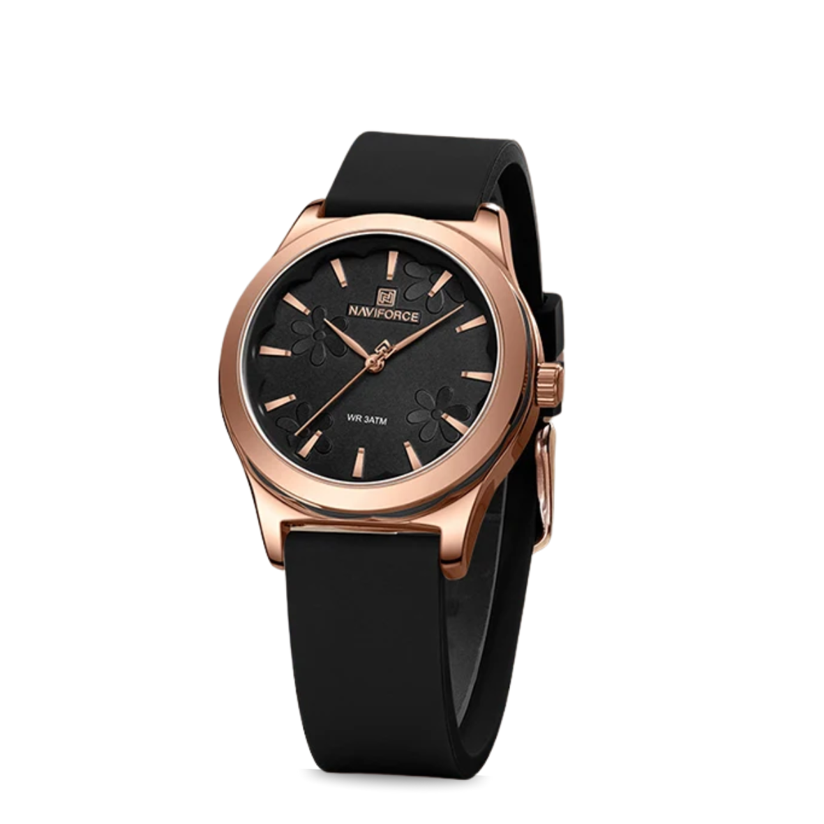 Relógio de pulso quartz feminino pulseira de silicone com estojo em ouro rosa