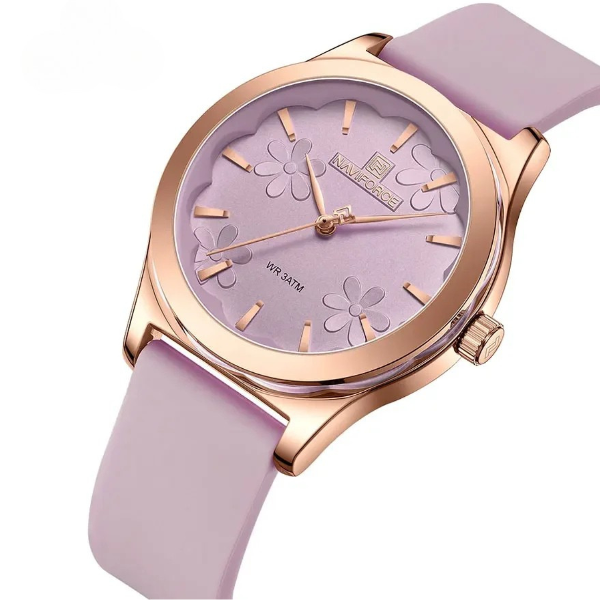 Relógio de pulso quartz feminino pulseira de silicone com estojo em ouro rosa