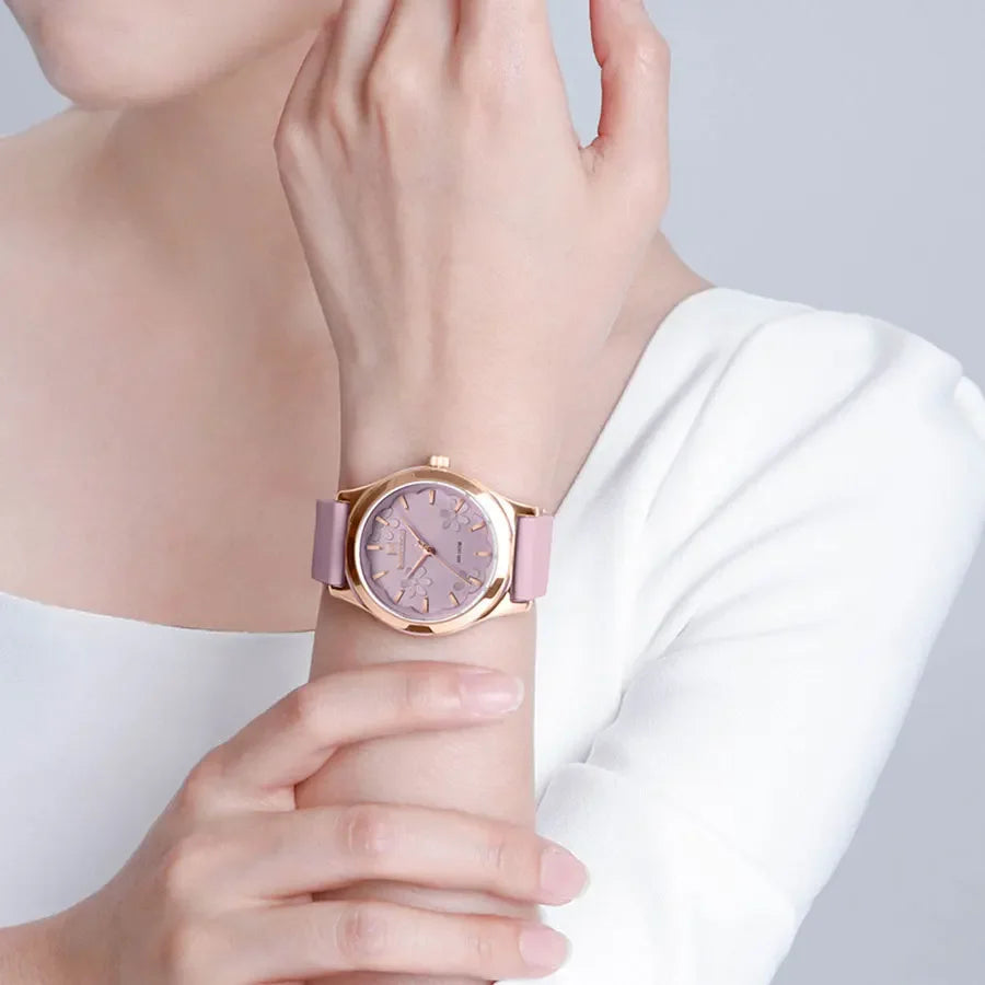Relógio de pulso quartz feminino pulseira de silicone com estojo em ouro rosa