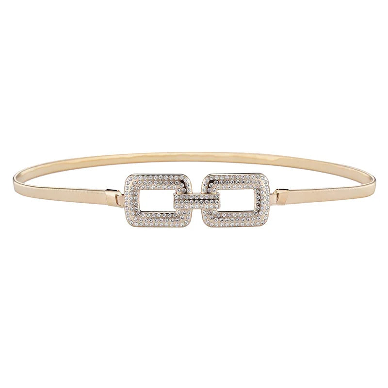 Cinto feminino dourado com fivela decorada em metal