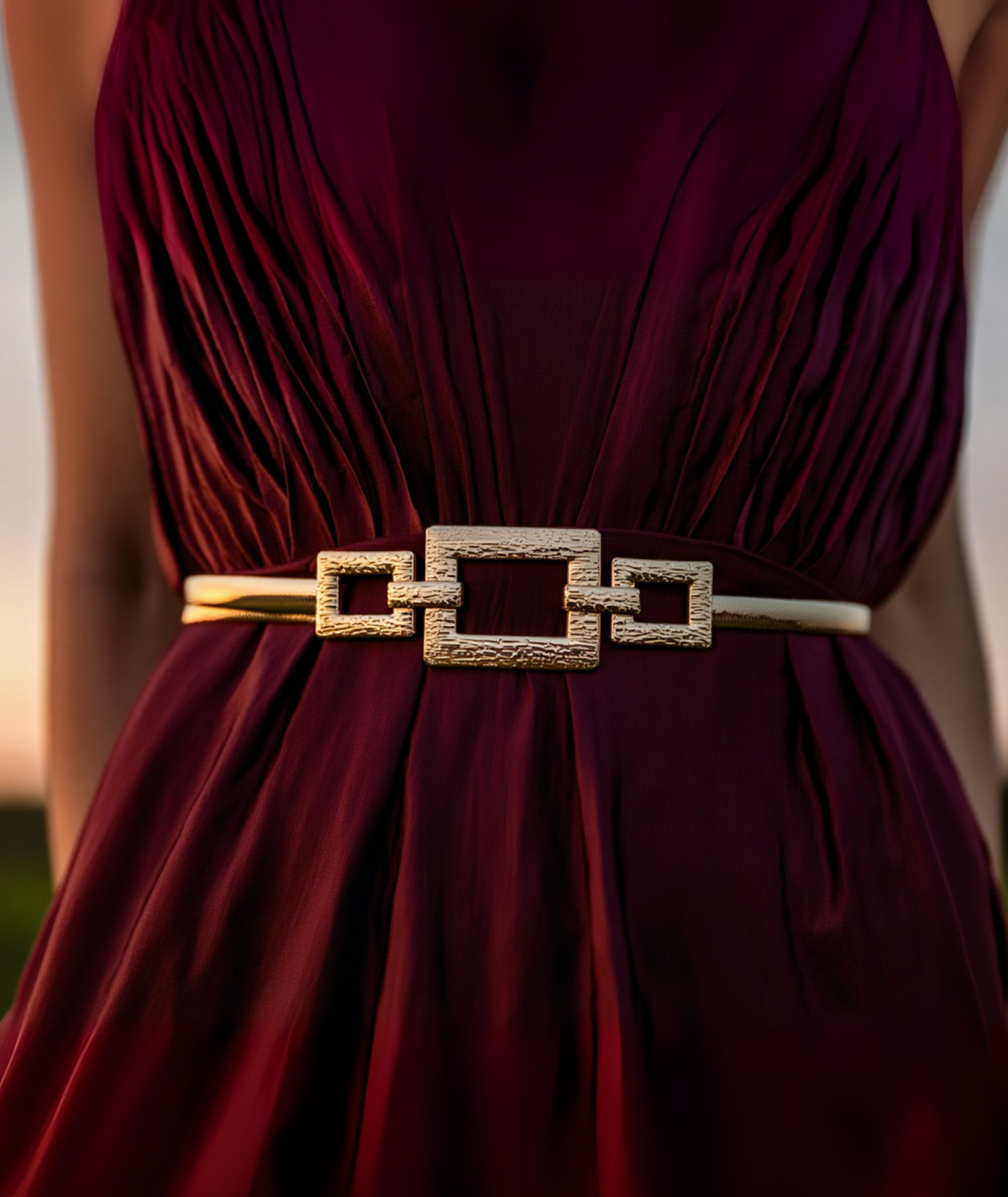 Cinto feminino dourado com fivela decorada em metal