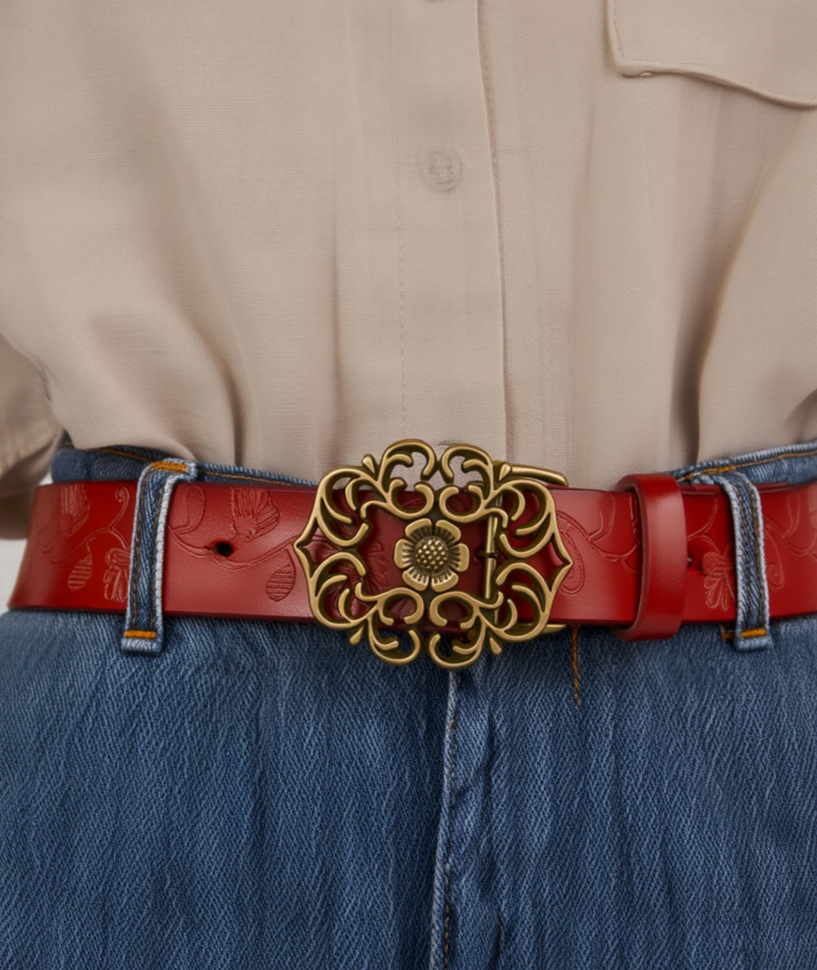 Cinto feminino de couro legítimo - Flowery